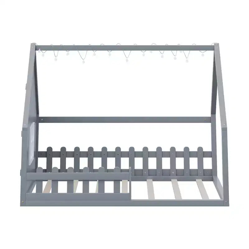Whisen Full Size Wood House Bed with Window and Fence