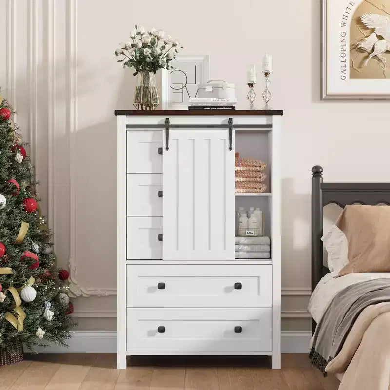 Farmhouse 5 Drawer Dresser for Bedroom, 48 Tall Wood Dresser Chest of Drawer with Sliding Barn Door, Storage Organizer