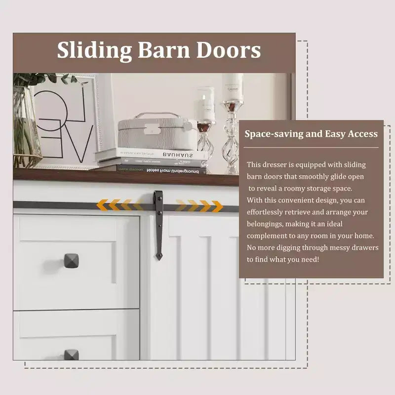 Farmhouse 5 Drawer Dresser for Bedroom, 48 Tall Wood Dresser Chest of Drawer with Sliding Barn Door, Storage Organizer