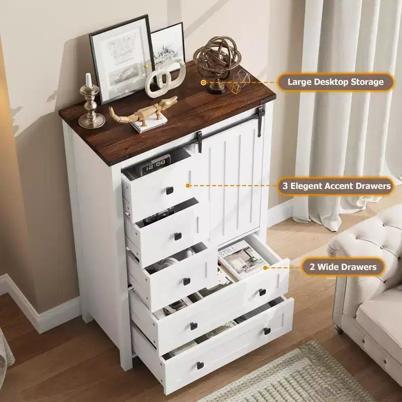 Farmhouse 5 Drawer Dresser for Bedroom, 48 Tall Wood Dresser Chest of Drawer with Sliding Barn Door, Storage Organizer