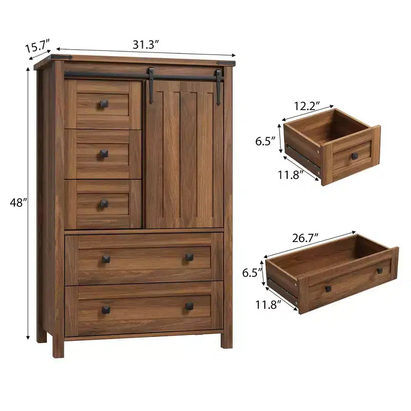 Farmhouse 5 Drawer Dresser for Bedroom, 48 Tall Wood Dresser Chest of Drawer with Sliding Barn Door, Storage Organizer