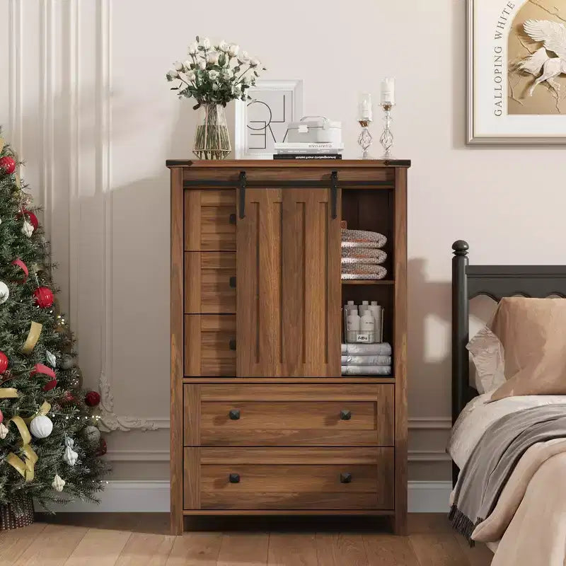 Farmhouse 5 Drawer Dresser for Bedroom, 48 Tall Wood Dresser Chest of Drawer with Sliding Barn Door, Storage Organizer