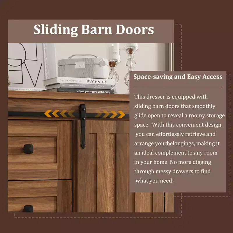 Farmhouse 5 Drawer Dresser for Bedroom, 48 Tall Wood Dresser Chest of Drawer with Sliding Barn Door, Storage Organizer