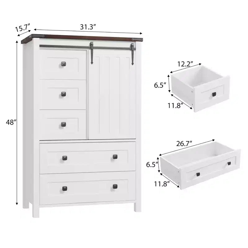 Farmhouse 5 Drawer Dresser for Bedroom, 48 Tall Wood Dresser Chest of Drawer with Sliding Barn Door, Storage Organizer