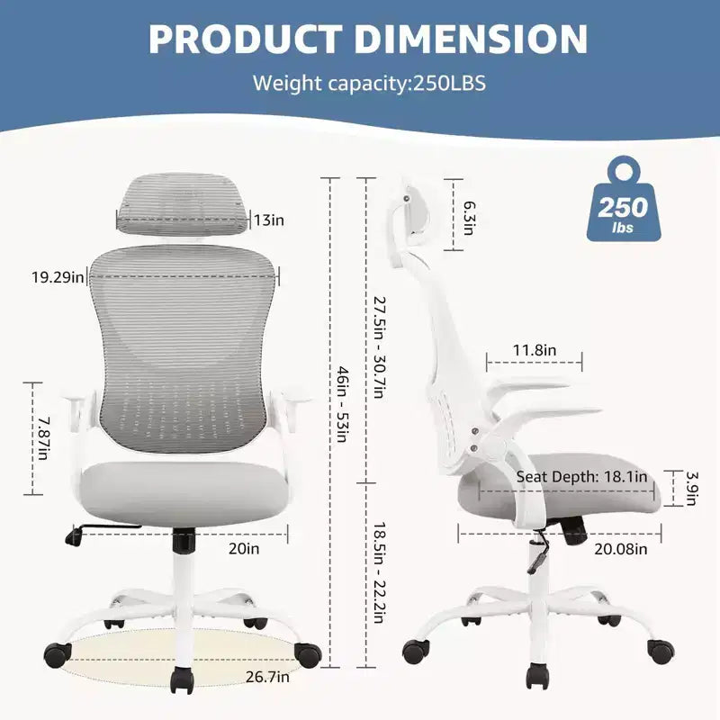 Fauteuil de bureau ergonomique  Dossier haut, Roulettes, Accoudoirs relevables, Réglable