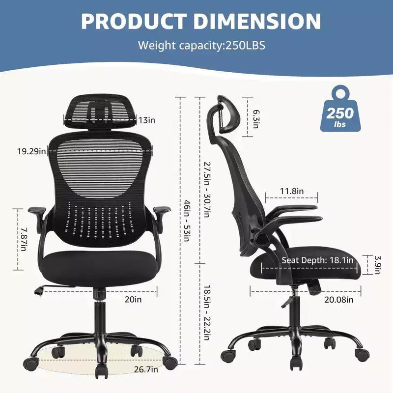 Fauteuil de bureau ergonomique  Dossier haut, Roulettes, Accoudoirs relevables, Réglable