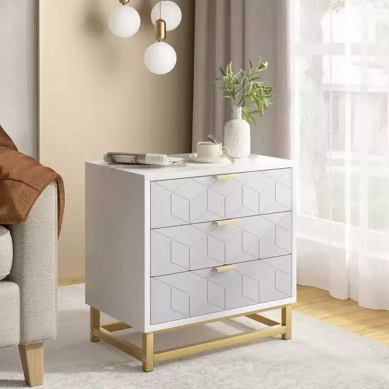 Commode de chambre à trois tiroirs avec pieds en métal