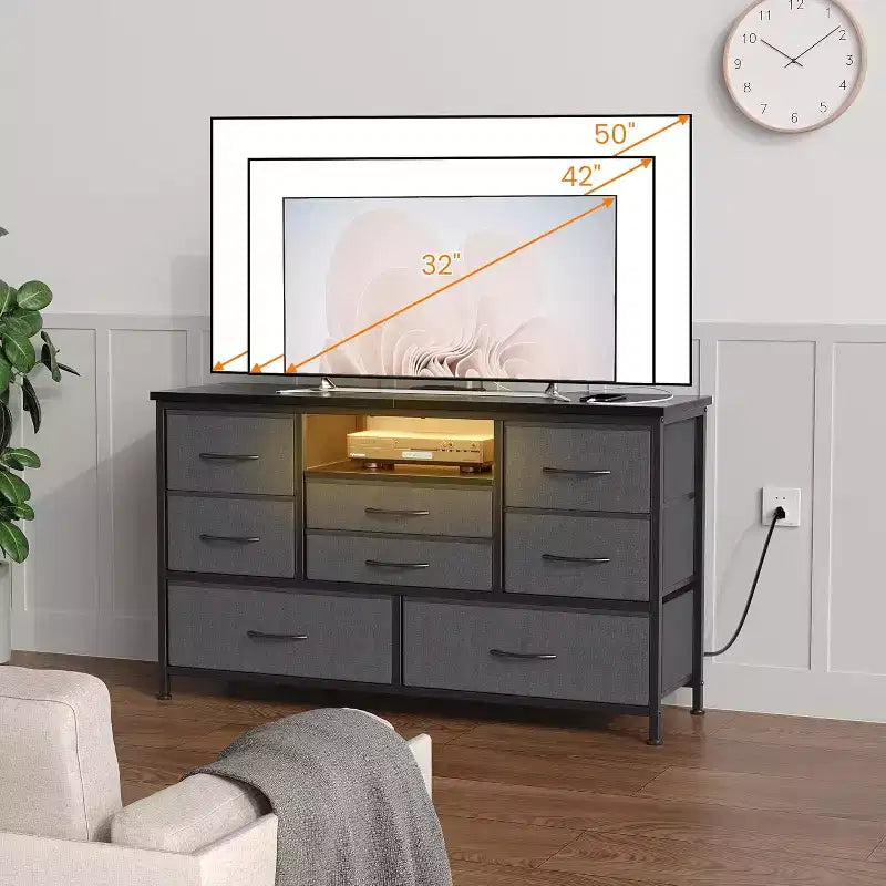 47.4-inch Multi-Functional TV Stand with 8 Drawers, RGB Smart Light Strip, Dual Power Outlets, Suitable for Multiple Scenarios