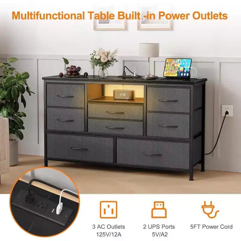 47.4-inch Multi-Functional TV Stand with 8 Drawers, RGB Smart Light Strip, Dual Power Outlets, Suitable for Multiple Scenarios