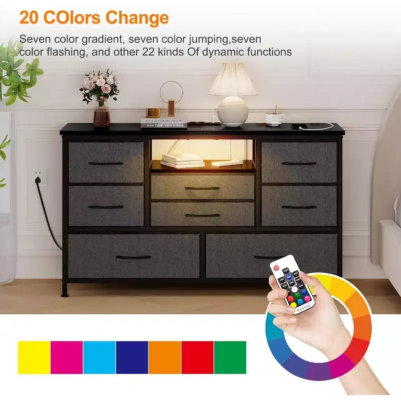 47.4-inch Multi-Functional TV Stand with 8 Drawers, RGB Smart Light Strip, Dual Power Outlets, Suitable for Multiple Scenarios