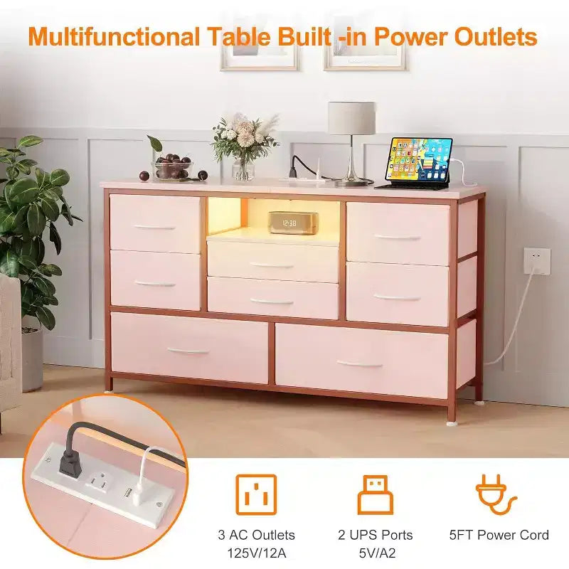 47.4-inch Multi-Functional TV Stand with 8 Drawers, RGB Smart Light Strip, Dual Power Outlets, Suitable for Multiple Scenarios