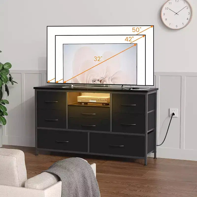 47.4-inch Multi-Functional TV Stand with 8 Drawers, RGB Smart Light Strip, Dual Power Outlets, Suitable for Multiple Scenarios