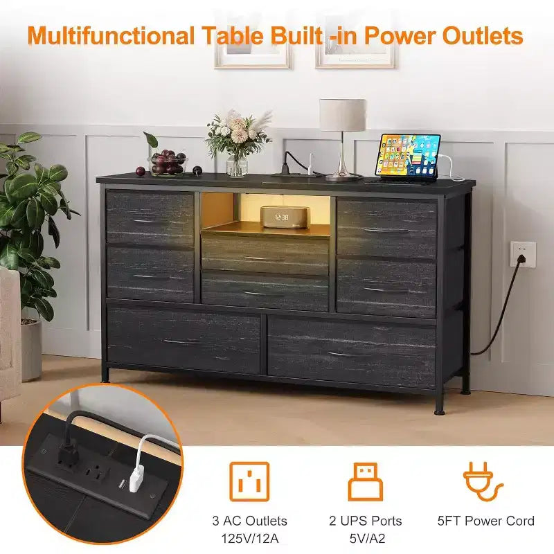47.4-inch Multi-Functional TV Stand with 8 Drawers, RGB Smart Light Strip, Dual Power Outlets, Suitable for Multiple Scenarios