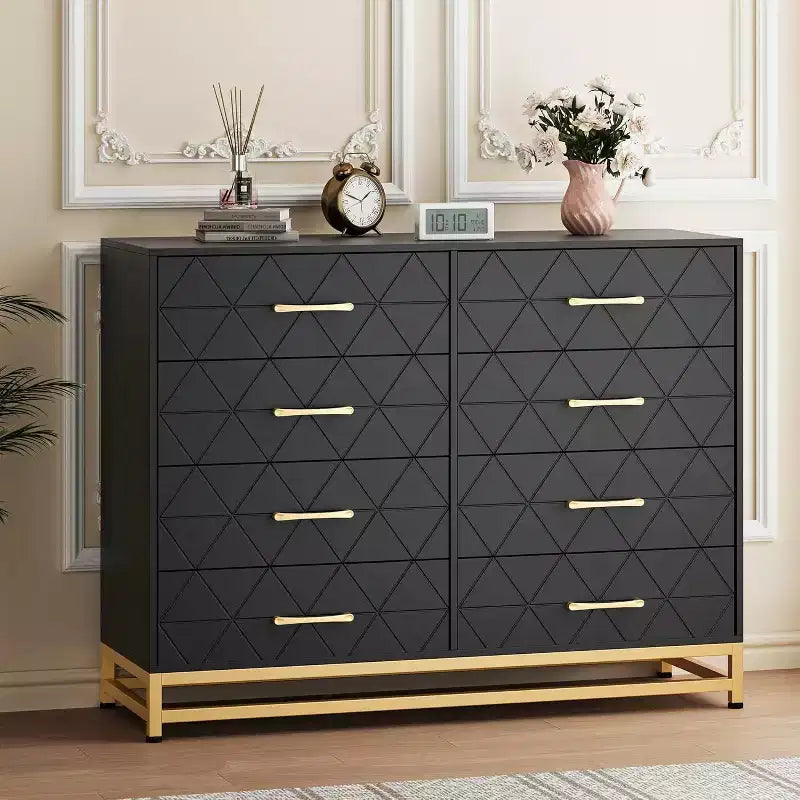 Black MDF+PB+Iron Chest of Drawers, 8-Large Drawers, Triangle Pattern Panel, Dustproof &amp; Wear-Resistant, Suitable for Multiple Scenarios