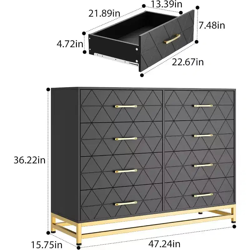 Commode noire, 8 grands tiroirs, motif triangle