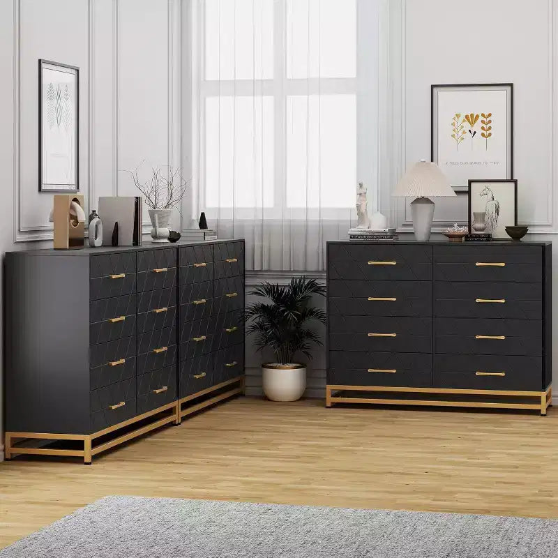 Commode noire, 8 grands tiroirs, motif triangle