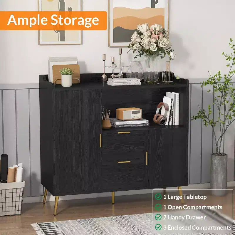 Storage Cabinet, Buffet Cabinet with Shelf, Coffee Bar with 2 Drawers and 2 Doors and Open Storage