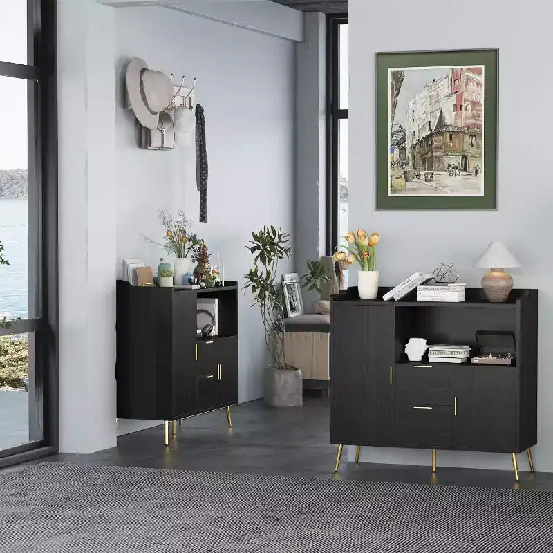 Storage Cabinet, Buffet Cabinet with Shelf, Coffee Bar with 2 Drawers and 2 Doors and Open Storage