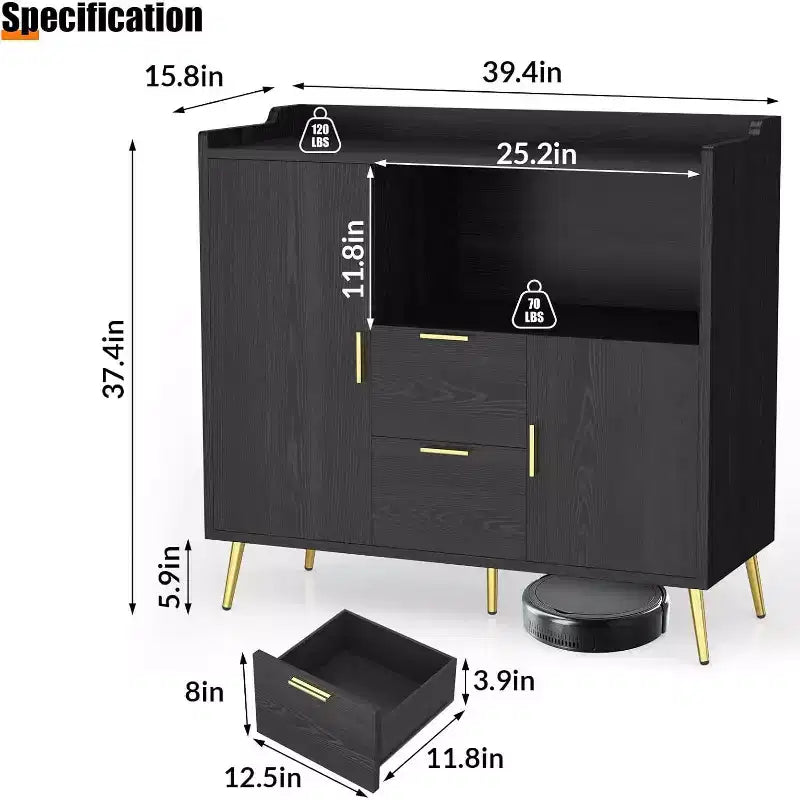 Storage Cabinet, Buffet Cabinet with Shelf, Coffee Bar with 2 Drawers and 2 Doors and Open Storage