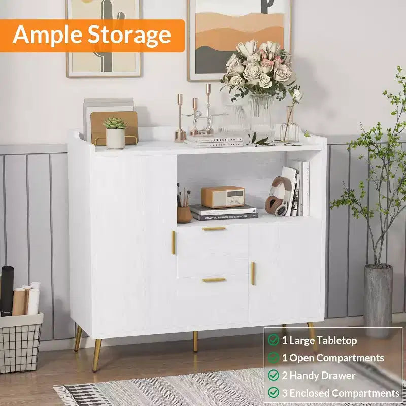 Storage Cabinet, Buffet Cabinet with Shelf, Coffee Bar with 2 Drawers and 2 Doors and Open Storage