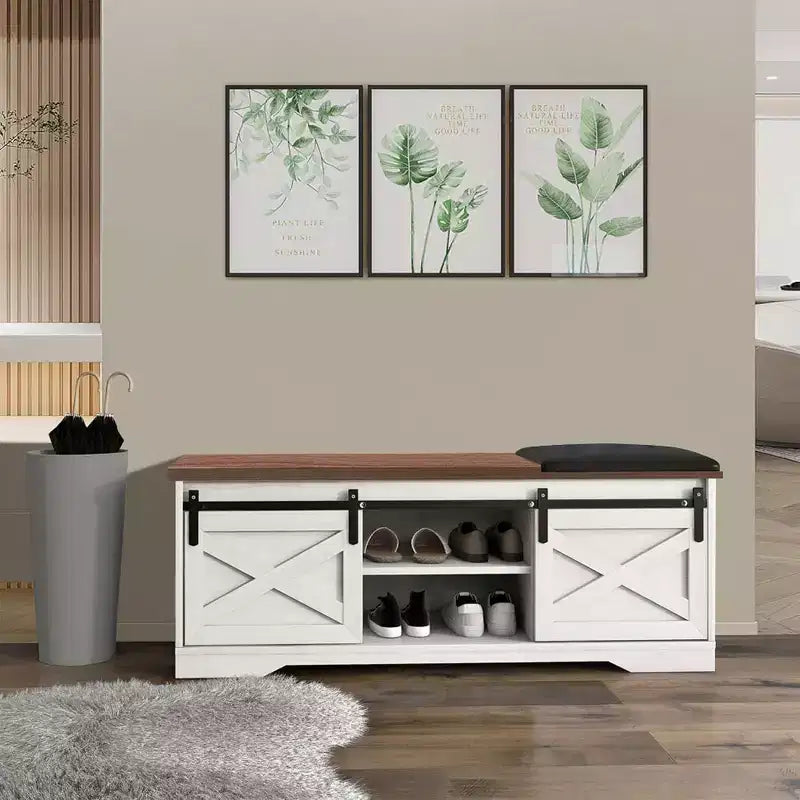 Acekool 47 White Shoe Bench with Sliding Doors & Cushion, Farmhouse Entryway Storage Bench with Hidden Compartment and Adjustable Shelves