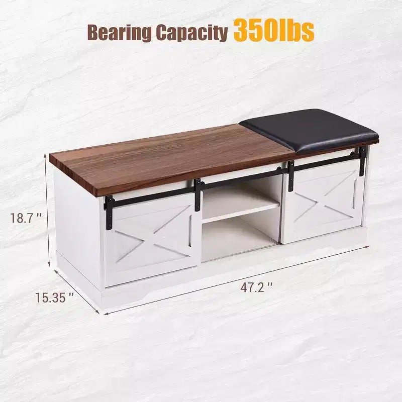 Acekool 47 White Shoe Bench with Sliding Doors & Cushion, Farmhouse Entryway Storage Bench with Hidden Compartment and Adjustable Shelves