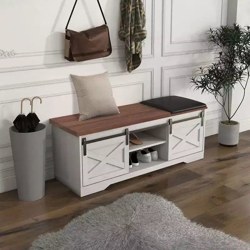 Acekool 47 White Shoe Bench with Sliding Doors & Cushion, Farmhouse Entryway Storage Bench with Hidden Compartment and Adjustable Shelves
