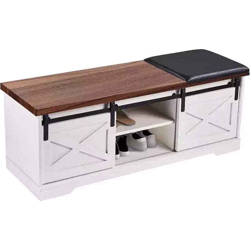 Acekool 47" Schuhbank Weiß mit Schiebetüren & Sitzkissen, Landhausstil Flurbank mit verstecktem Staufach und verstellbaren Einlegeböden