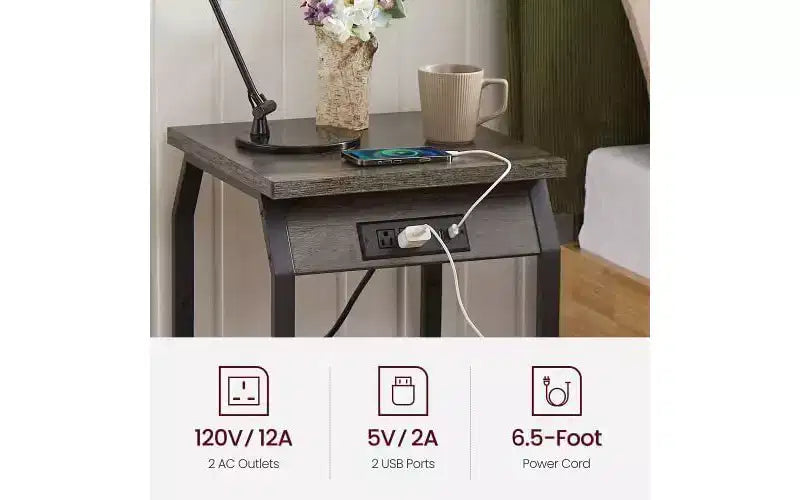 Acekool Set of 2 End Tables with Charging Station, Side Tables with USB Ports & Outlets, Small Storage Shelves for Living Room & Bedroom