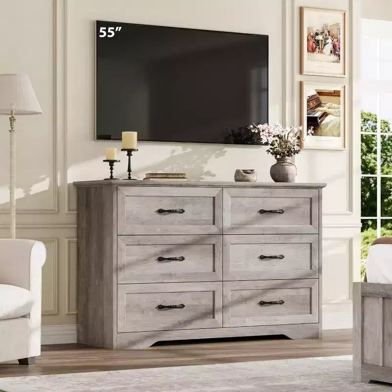 Commode à tiroirs avec poignées en métal, commode à 6 tiroirs