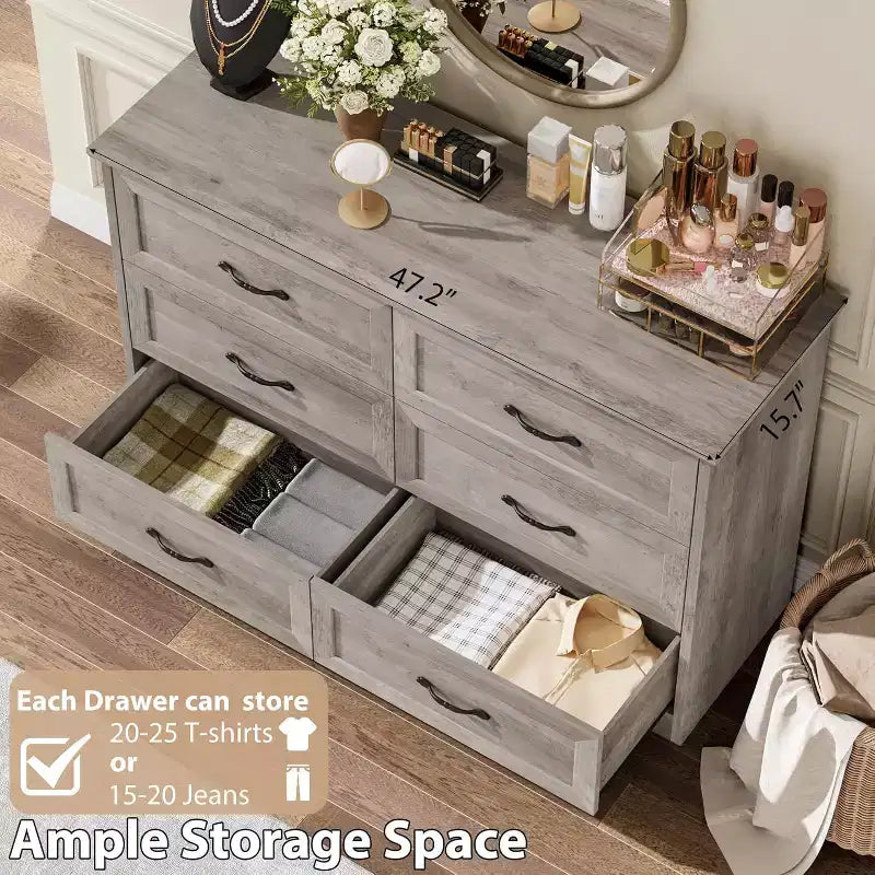 Commode à tiroirs avec poignées en métal, commode à 6 tiroirs