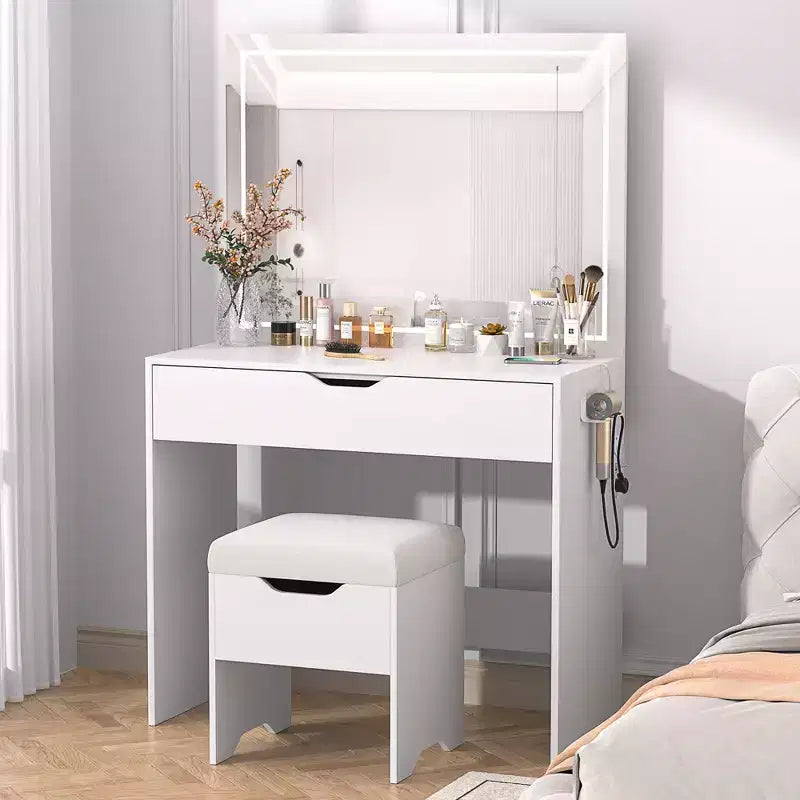 VECELO Vanity Desk Set with LED Lighted Mirror &amp; Power Outlet, Makeup Table with Large Drawer, Storage Stool and Hair Dryer Stand for Bedroom, White