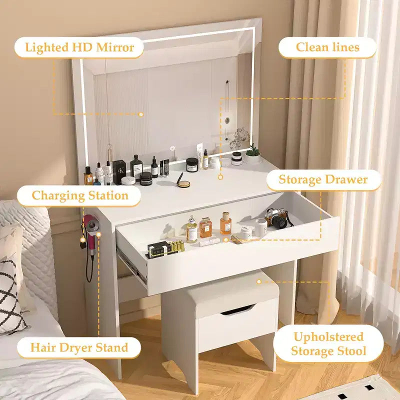 Coiffeuse avec miroir lumineux LED et prise de courant