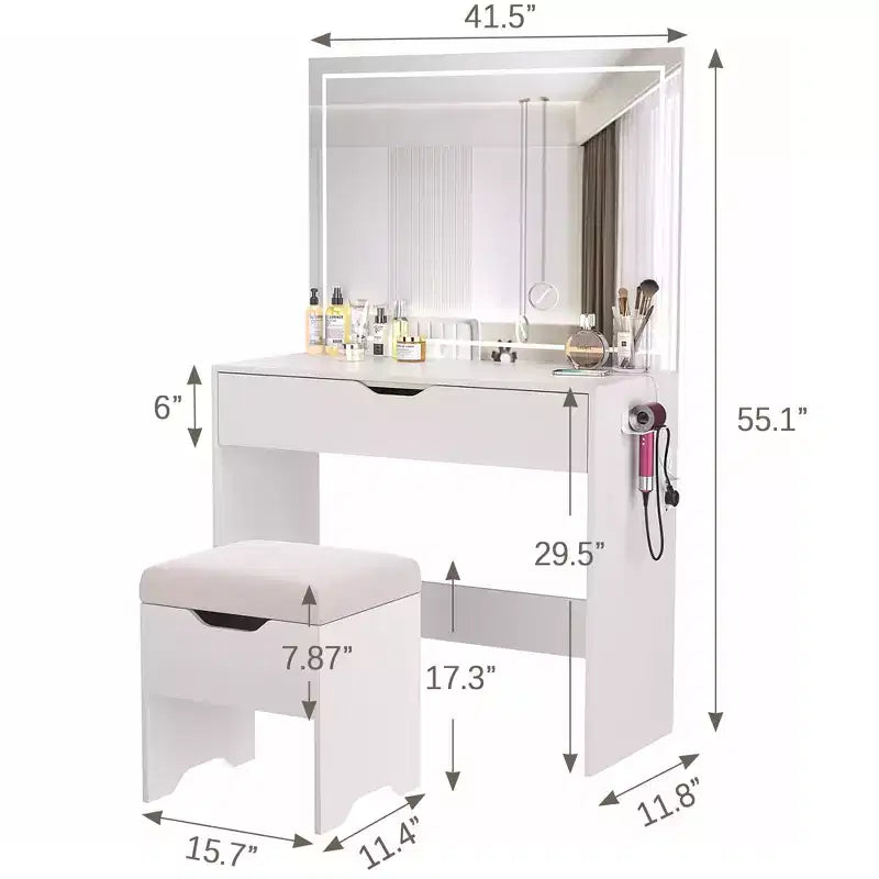 Coiffeuse avec miroir lumineux LED et prise de courant