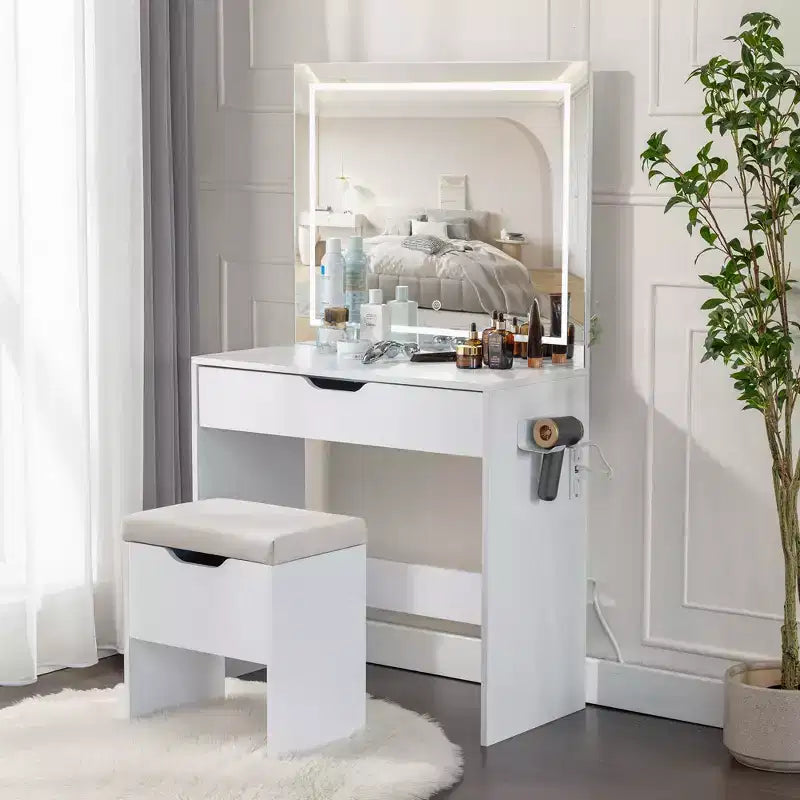 Coiffeuse avec miroir lumineux LED et prise de courant