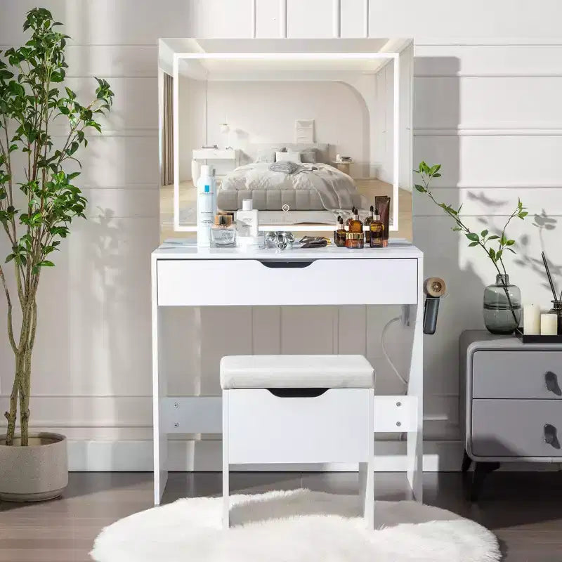 Coiffeuse avec miroir lumineux LED et prise de courant