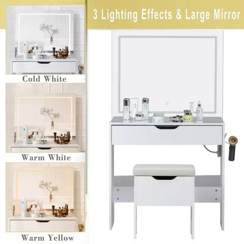 Coiffeuse avec miroir lumineux LED et prise de courant