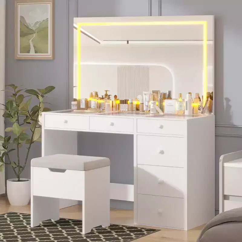 VECELO Vanity Desk Set with LED Lighted Mirror &amp; Power Outlet, Makeup Table with Drawers, Storage Stool &amp; Hair Dryer Stand for Bedroom, White