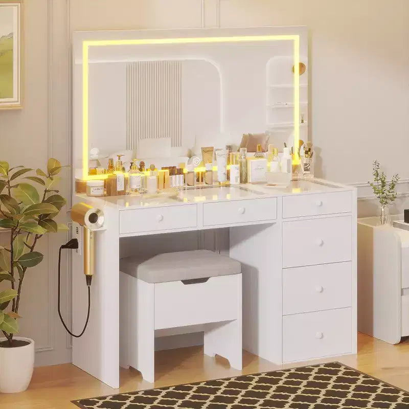 Coiffeuse avec miroir lumineux LED et prise de courant, table de maquillage