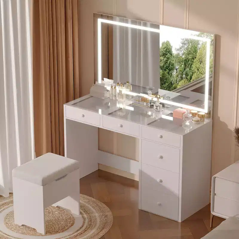Coiffeuse avec miroir lumineux LED et prise de courant, table de maquillage