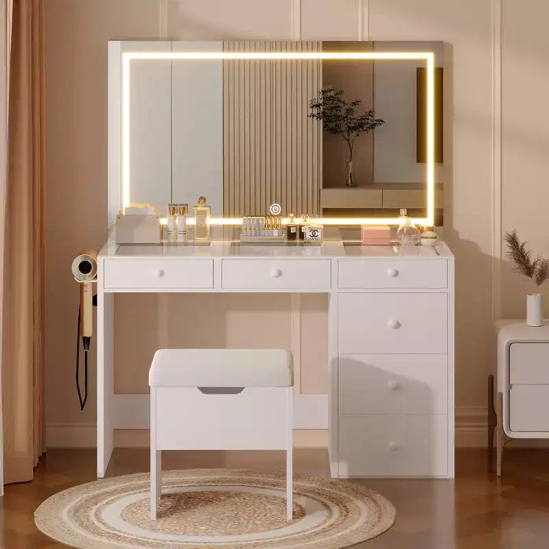 Coiffeuse avec miroir lumineux LED et prise de courant, table de maquillage