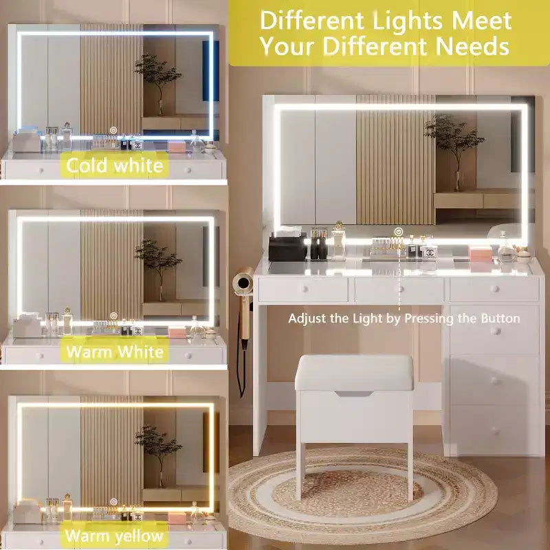 Coiffeuse avec miroir lumineux LED et prise de courant, table de maquillage