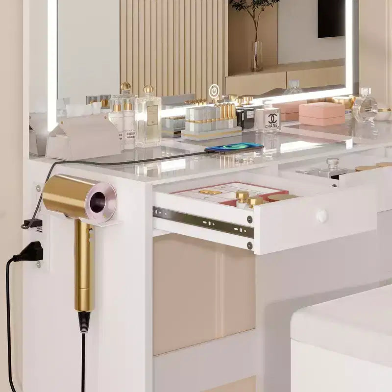 Coiffeuse avec miroir lumineux LED et prise de courant, table de maquillage