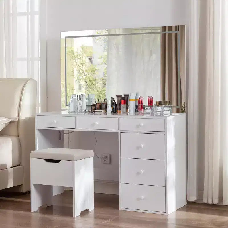 Coiffeuse avec miroir lumineux LED et prise de courant, table de maquillage