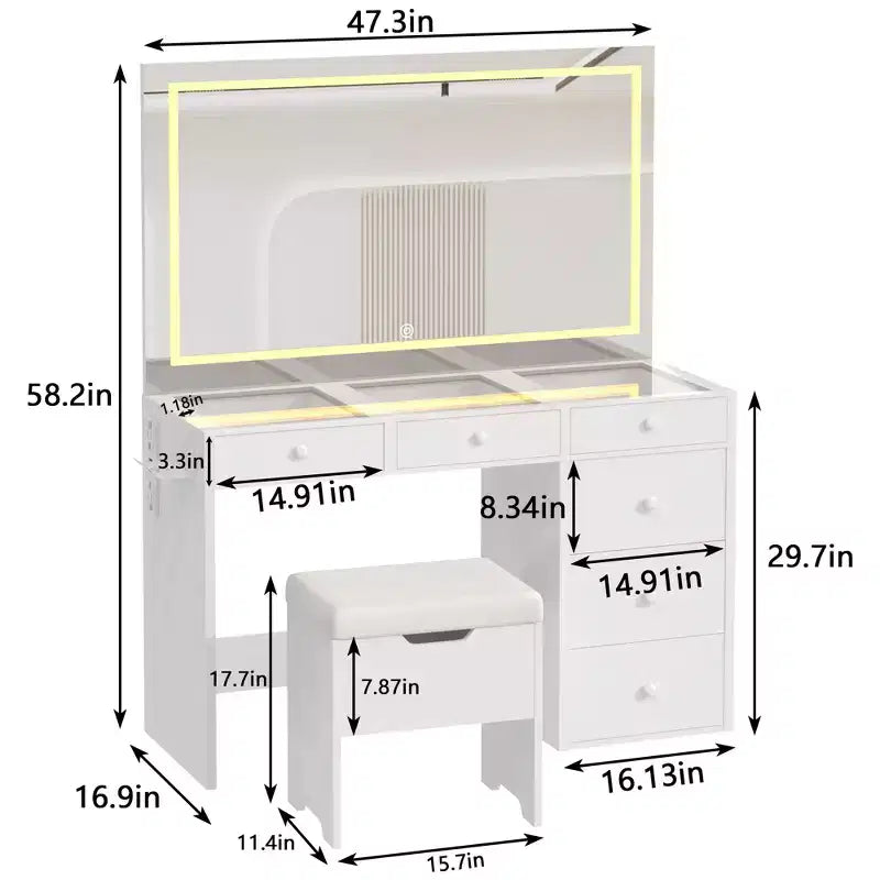 Coiffeuse avec miroir lumineux LED et prise de courant, table de maquillage
