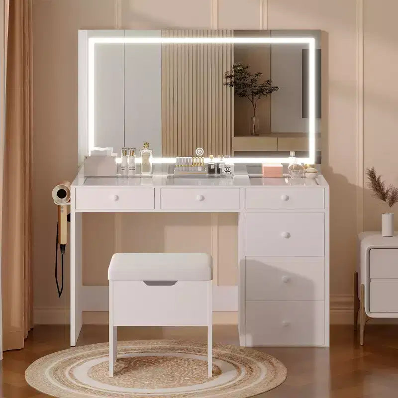 Coiffeuse avec miroir lumineux LED et prise de courant, table de maquillage