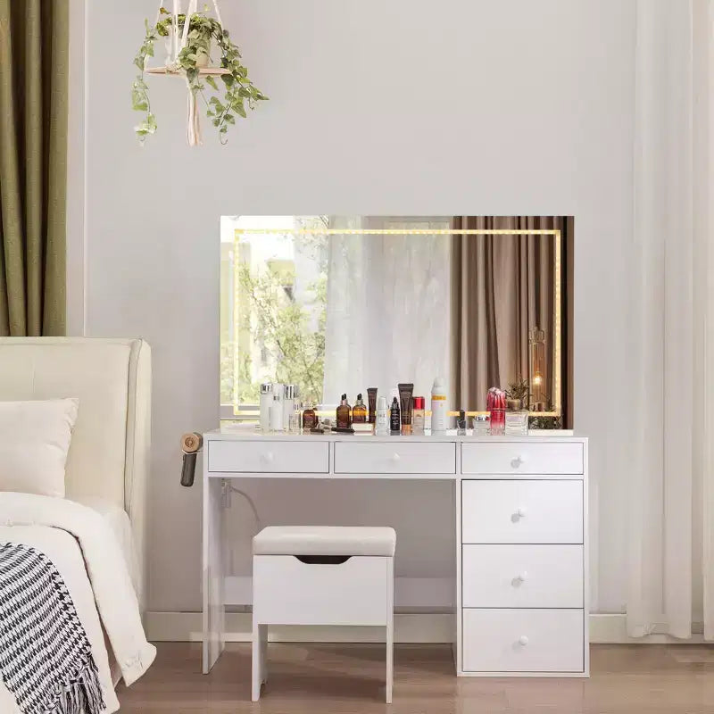 Coiffeuse avec miroir lumineux LED et prise de courant, table de maquillage