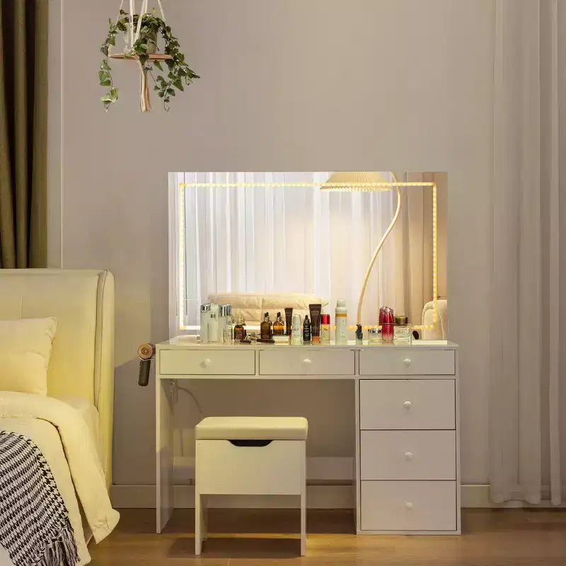 Coiffeuse avec miroir lumineux LED et prise de courant, table de maquillage