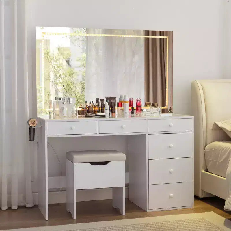 Coiffeuse avec miroir lumineux LED et prise de courant, table de maquillage