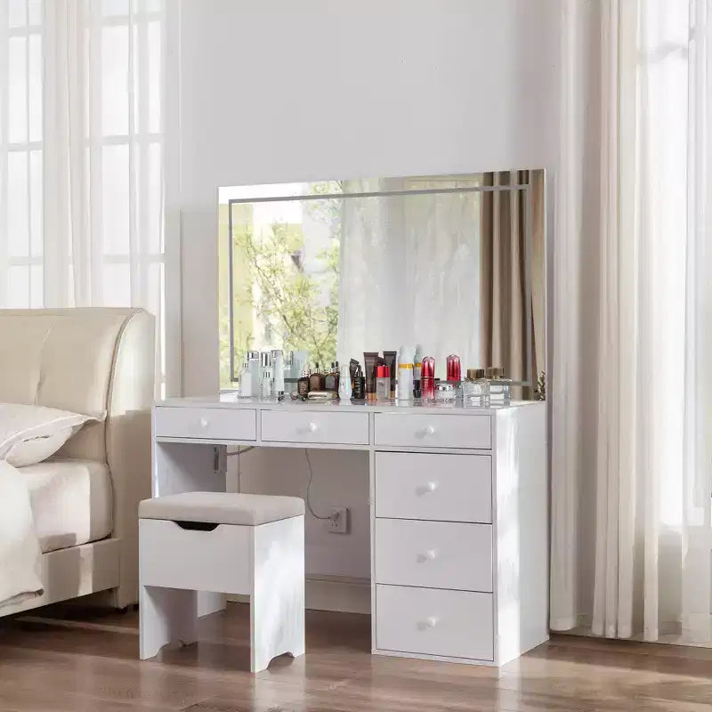 Coiffeuse avec miroir lumineux LED et prise de courant, table de maquillage